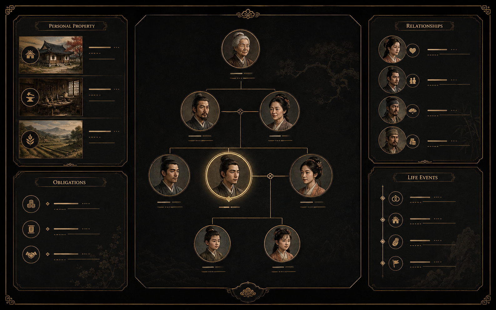 Personal life record concept showing a multigenerational family tree with property, obligations, relationships, and life events