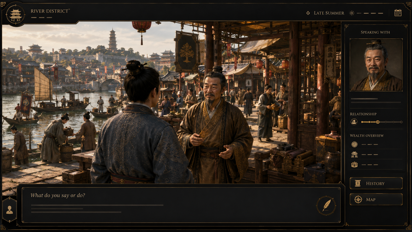 Ten Thousand Banners experience preview showing a player speaking with a merchant in a living river district