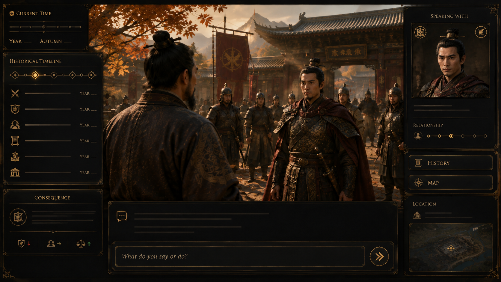 Ten Thousand Banners concept showing an older player character confronting a younger officer years after an earlier consequence